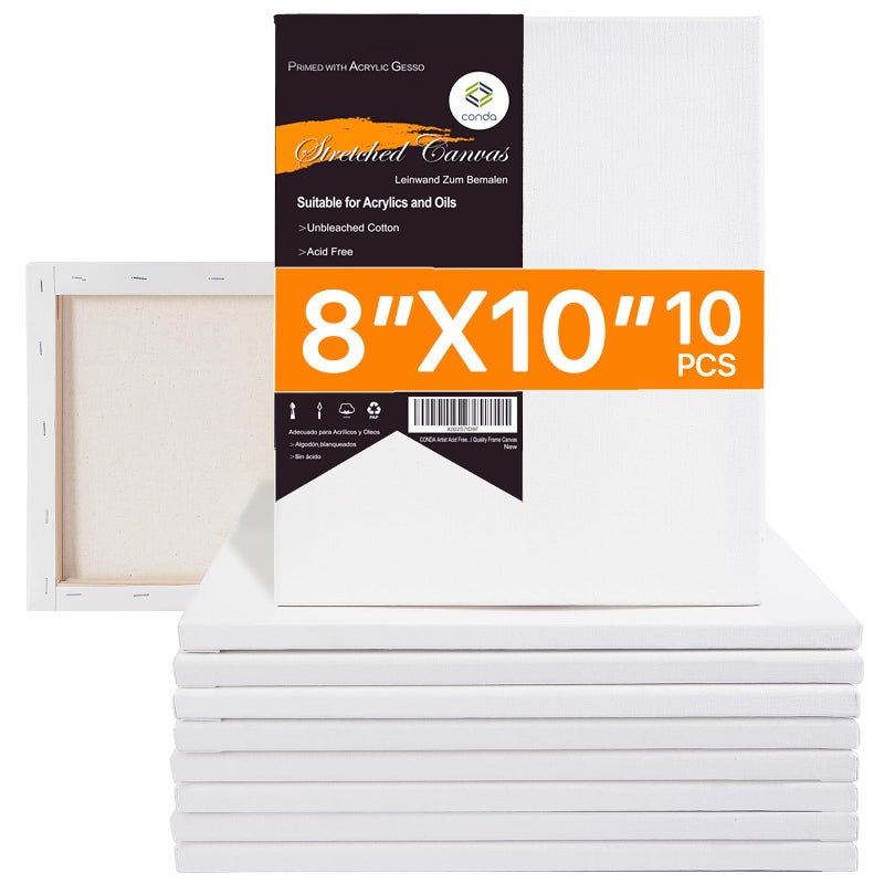 conda 8x10 inch Stretched Canvas for Painting, Pack of 10, 100% Cotton, 5/8 in Profile Blank Stretched Canvas Value Bulk Pack Art White Canvas for Acrylics, Oils Painting - Image 1
